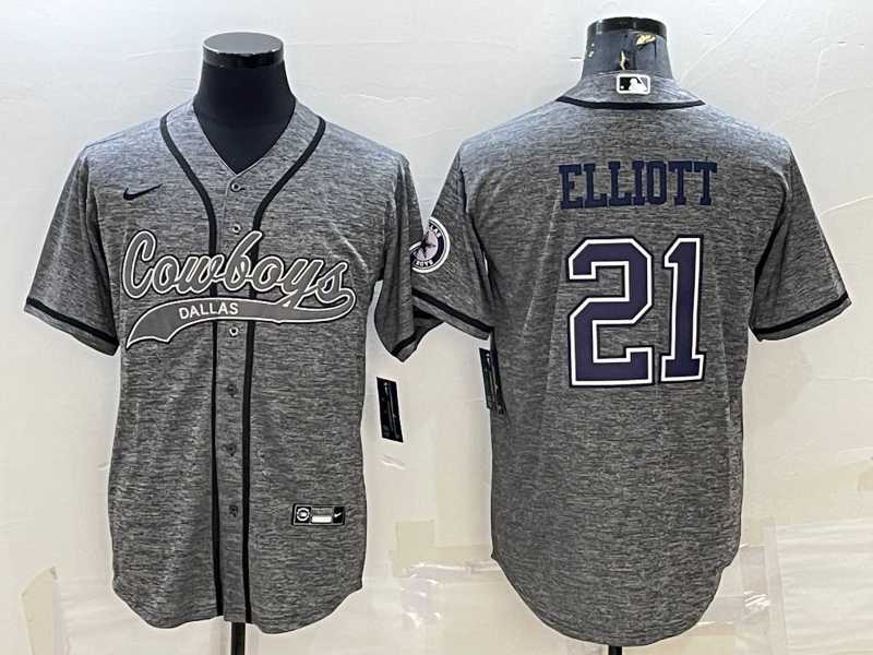 Men%27s Dallas Cowboys #21 Ezekiel Elliott Grey Gridiron With Patch Cool Base Stitched Baseball Jersey